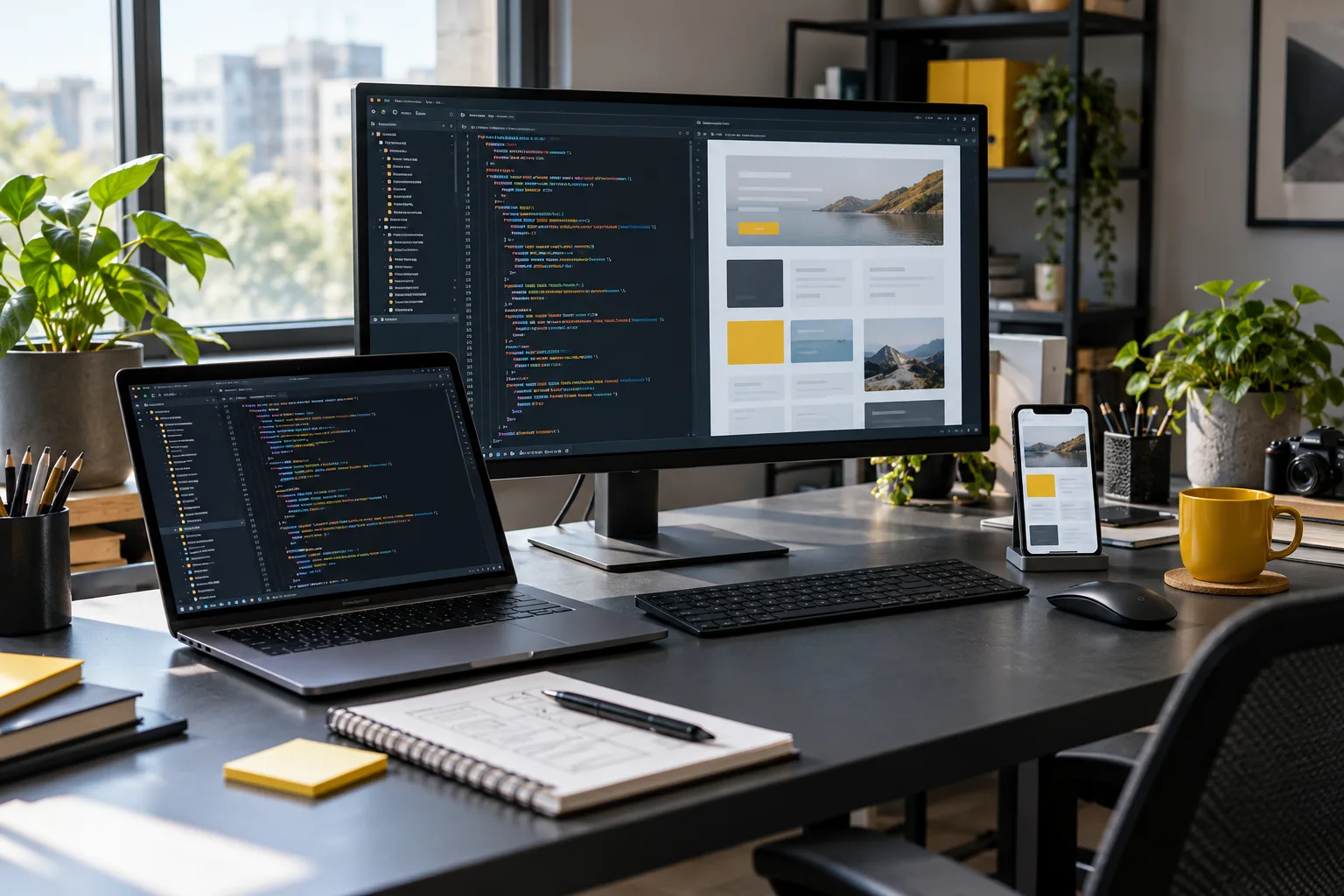 Puesto de desarrollo con web, código y dispositivos.